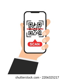 Hand with Phone with Qr code scan. Vector illustration