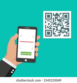Hand with phone scanning qr code. Flat style icon. Vector 