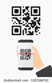 Hand with phone scanning qr code. Flat style icon. Vector QR code sample for smartphone scanning.