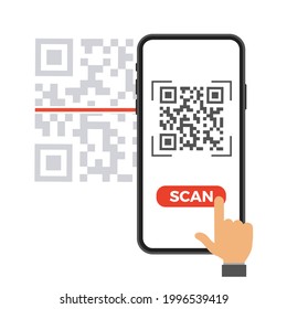 Hand with phone scanning qr code. Flat style icon. Vector illustration