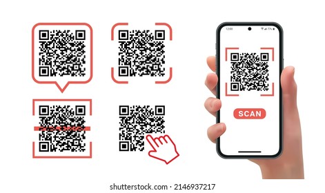 Hand with phone, scanning qr code, realistic effect in vector format