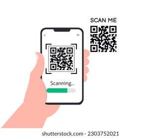 hand with phone scanning qr code for online payment Barcode scanner technology. Flat vector design.