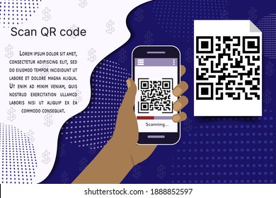 The hand with the phone scans the QR code. Style flat icon. Place for text. Vector illustration.
