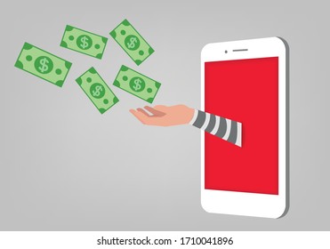 Hand from the phone screen to steal money