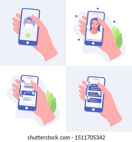 Hand with phone set. Hand holding a smart phone. Video chat, phone call, chatting and rating apps. Mobile techology set. Trendy flat style. Vector illustration.