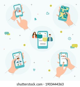 
Hand with phone set. Hand holding a smart phone. Video chat, phone call, chatting and geo location apps. Calling mom. Mobile technology set. Trendy flat style. Vector illustration