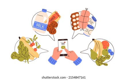 Hand with phone shopping, ordering groceries online via mobile app. Customer buying food from store with cellphone, adding products to cart. Flat vector illustration isolated on white background.