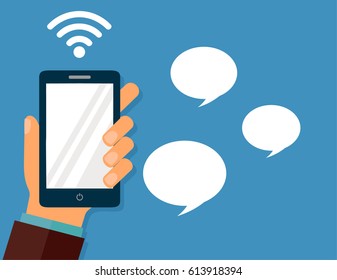 The hand with the phone. Smart phone. Gadget. Vector illustration.