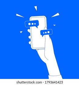 Hand With Phone. Social Communication On Mobile. Incoming Message Alert. Chat Notification. Vector Illustration.