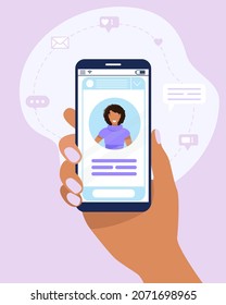 Hand with the phone. Social media profile. Smartphone with female avatar, text and button. Black woman. Icons with likes and messages differ. Vector illustration in flat style.