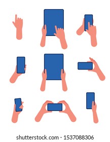 Hand with phone. Touch screen tablet and smartphone in hand pointing gestures using application modern device vector flat