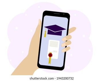 Hand with phone vector drawing. Online learning symbols on the phone. Hat and diploma