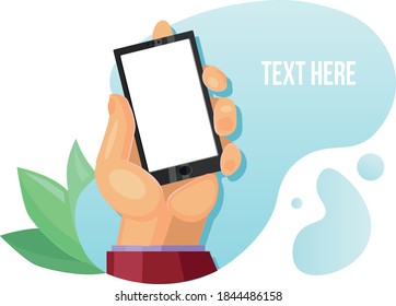 Hand with phone vector flat illustration consept. Web templare social picture. Distance online shopping education. Social network. Web banner with mans hand and smartphone on the background. 
