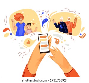 Hand with phone vector illustration, concept about online video call with friends, family and parents, grandparents. Family online meeting with smartphone, family communication