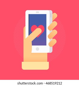 Hand with phone vector illustration in flat style. Man's hand holding a phone concept. Smartphone in hand isolated on background.