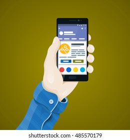Hand with phone vector illustration in flat style. 