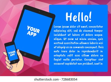 Hand with phone vector illustration in flat style. Hand holding a phone concept. Smartphone in hand isolated on background. The bubble with the text.