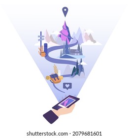 Hand with a phone which shows the detailed scenic route to the top of the mountain.