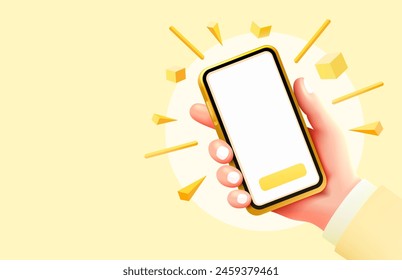 Hand phone white screen, icons 3d toys, product advertising phone. Vector illustration