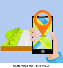 Hand with phone-Navigator with map of city and red point of the route. Finding the way on the asphalt road. High-speed highway with green trees. place for cars. GPS app - Cartoon flat illustration