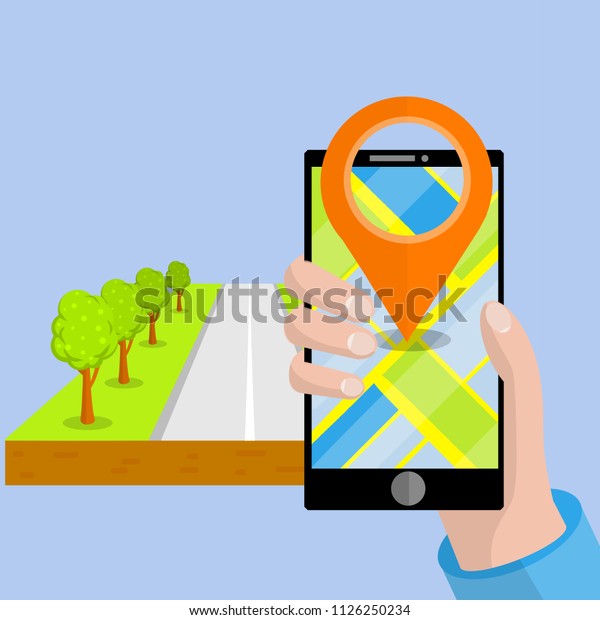 Hand with phone-Navigator with map of city\
and red point of the route. Finding the way on the asphalt road.\
High-speed highway with green trees. place for cars. GPS app -\
Cartoon flat illustration