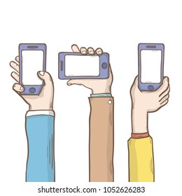 Hand with phones with an empty window mock up   vector hand draw doodle illustration isolated ona white background