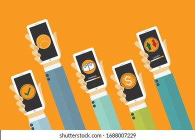 Hand with phones flat icon design. - mobile applications concept. - illustration.