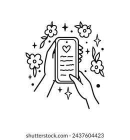 Hand with phones. Self-care. Social media. Vector illustration. Self care concept