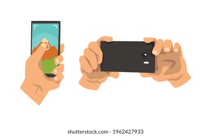 Hand Photographing with Smartphones Set, Raised Hands Holding Mobile Devices Vector Illustration