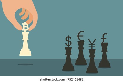 Hand pick up bitcoin chess in flat icon design on blue color background