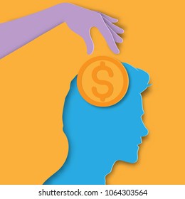 hand pick coin to man.Paper art style.Business concept
