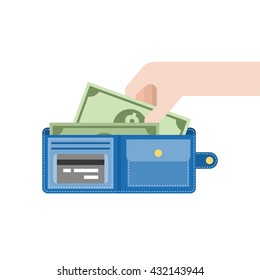 Hand pick dollar bank from blue wallet, flat design