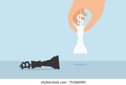Hand pick dollar chess up and defeated bitcoin in flat icon design on blue color background