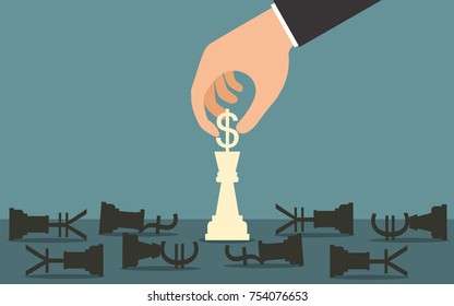 Hand pick up dollar chess in flat icon design on blue color background