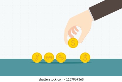 hand pick up dollar coin from floor in flat icon design on white color background