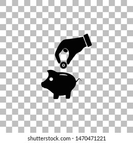 Hand pick down coin into pig money box. Black flat icon on a transparent background. Pictogram for your project