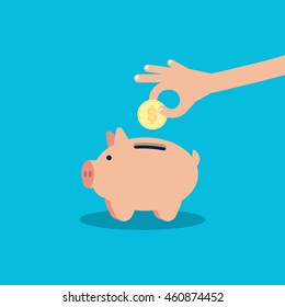 Hand pick down coin into pig money box. Flat Vector Illustration.