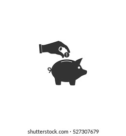 Hand pick down coin into pig money box icon flat. Illustration isolated vector sign symbol