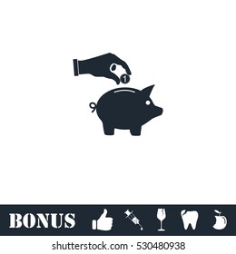 Hand pick down coin into pig money box icon flat. Vector illustration symbol and bonus pictogram