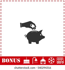 Hand pick down coin into pig money box icon flat. Simple vector symbol and bonus icon