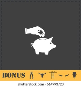 Hand pick down coin into pig money box icon flat. Simple vector symbol and bonus icon
