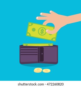 Hand pick down dollar banknote into wallet, coins. Flat Vector Illustration.
