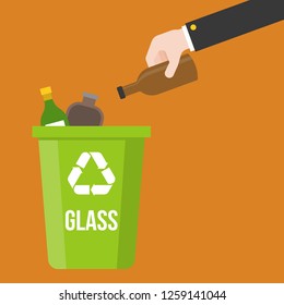 hand pick glass bottle waste and colorful recycle bin flat design vector