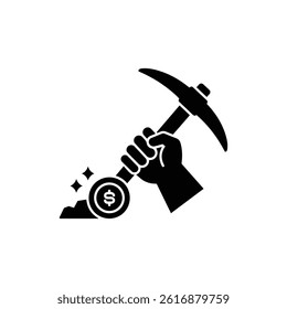 Hand with Pickaxe and Coin Symbolizing Manual Effort in Cryptocurrency Mining