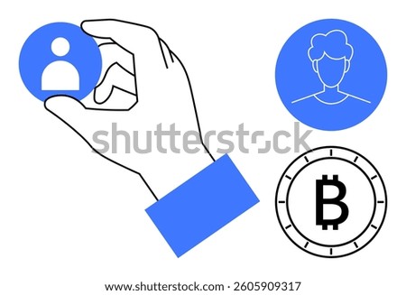 Hand picking blue user icon among other icons including a user profile and Bitcoin symbol. Ideal for technology, digital identity, social media, cryptocurrency, user selection, finance, blockchain