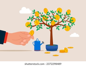 Hand picking cash from money tree. Financial and investment growth. Vector illustration