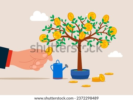 Hand picking cash from money tree. Financial and investment growth. Vector illustration
