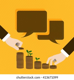Hand picking and climbing on the coins with speech bubbles ,saving money concept,flat vector design.