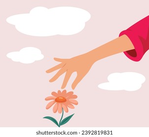 
Hand Picking Flowers in Springtime Season Vector Illustration Design. Person being interested in a unique plant growing in the wild 
