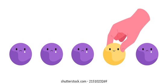 Hand picking happy face among sad faces isolated on white background. Concept of mental health, self-care, mental well-being, health care. Flat vector illustration.